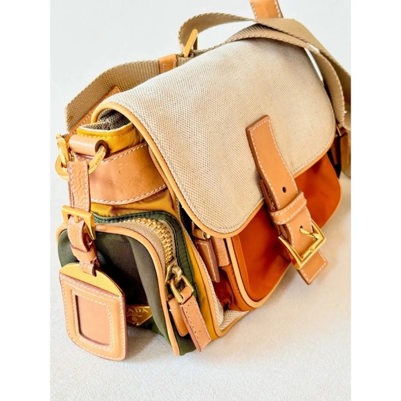 Vintage PRADA Multi‑Pocket Camel Leather & Canvas Shoulder Bag – Grade A‑ - Picture 2 of 6